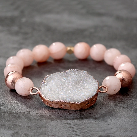 Boho Naturstein Perlen Armband Mit Druzy Geode Anhänger Roségold Überzogener Mode Ethnischer Schmuck Für Damen Geschenk
