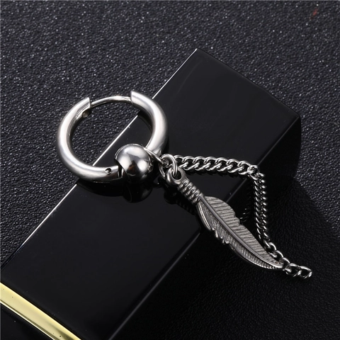 Stainless Steel Hoop Earrings With Long Tassel Chain And Feather Pendant Retro Punk Style Silver Jewelry For Men Women