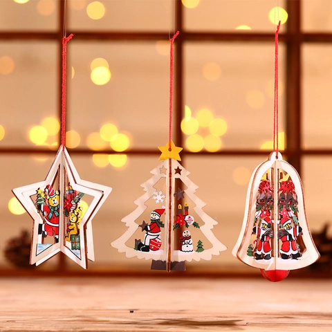 Ornamenti Appesi Di Natale 3D In Legno Albero Stella Campana Forme Dipinte Babbo Natale Pupazzo Di Neve Orso Arredo