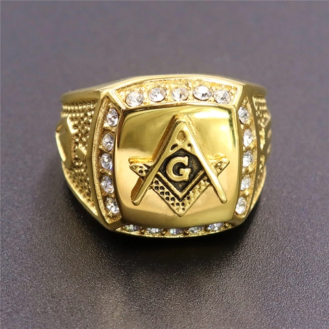 Gold Plated Stainless Steel Masonic Signet Ring With Rhinestones G Symbol Square Compass Wide Band Fashion Jewelry