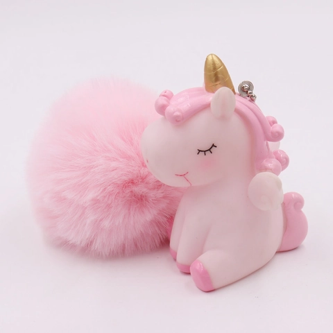 Süßes Einhorn Schlüsselanhänger Kunstpelz Pompon Tasche Anhänger Cartoon Vinyl Figur Auto Schlüsselring Für Frauen Mädchen