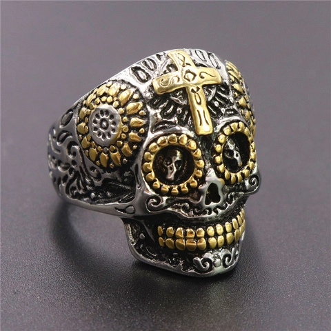 Anello Teschio Retrò Acciaio Inossidabile 316L Croce Incisa Gioielli Gothic Punk Per Uomo Con Occhi Strass