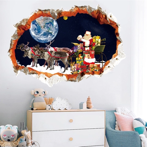 3D Christmas Wall Sticker Santa Claus Reindeer Space Flight Broken Wall Effect PVC Waterproof Home Decor Mural Kids Room