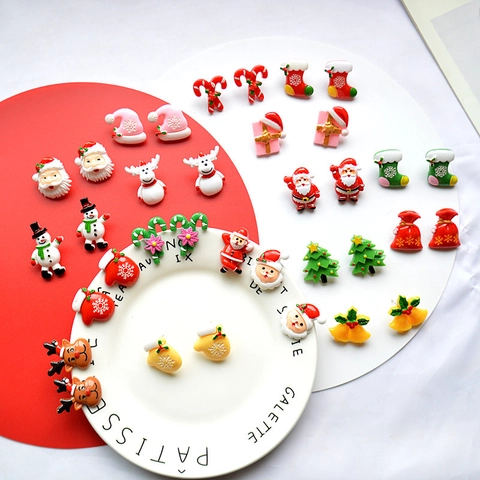 Christmas Stud Earrings Resin Alloy Cartoon Santa Claus Reindeer Snowman Tree Bell Candy Cane Holiday Festive Jewelry For Women