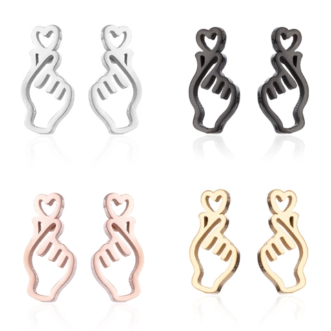 Pendientes De Botón Acero Inoxidable Gesto Corazón De Dedo Delicado Pequeño Minimalista Hip Hop Punk Para Mujeres