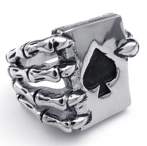 Men Vintage Alloy Ring With Skeleton Hand Holding Ace Of Spades Poker Card Punk Gothic Jewelry Retro Antique Silver Color