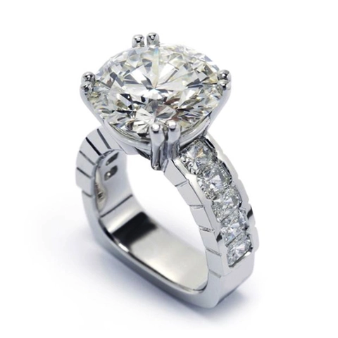 Luxurious Copper AAA Zircon Ring For Women Round Brilliant Cut Main Stone With Baguette Side Stones Wedding Fashion Jewelry