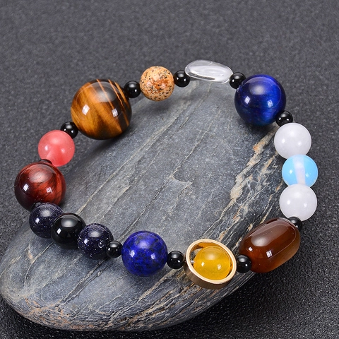 Solar System Planets Natural Stone Bracelet Tiger Eye Lapis Lazuli Universe Galaxy Beaded Jewelry Unisex Gift