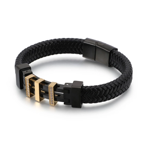 Pulsera De Cuero Trenzado Para Hombre Cierre De Metal De Acero Inoxidable Circón Strass Incrustado Punk Retro Casual