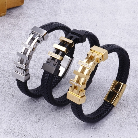 Men Braided Leather Bracelet With Stainless Steel Rhinestone Geometric Magnetic Clasp Vintage Punk Style Jewelry