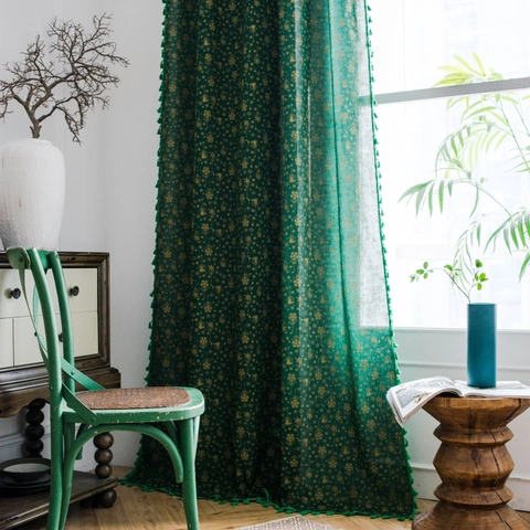 Christmas Green Gold Stamping Cotton Linen Curtain With Tassel Fringe Semi Shading Window Decoration For Kitchen