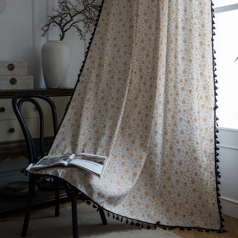 Cotton Linen Window Curtain White Gold Stamping Pattern Black Tassels Semi Blackout American Style Drapes