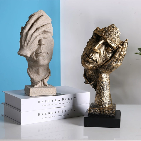 Esculturas De Rostro Abstracto Estatua El Silencio Es Oro Retro Nórdico Arte Resina Decoración Escritorio Oficina Pensador