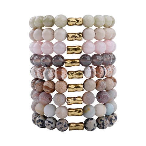 Naturstein Perlenarmband Mit Strukturierter Kupferrohr Boho Vintage Elastischer Kristallschmuck