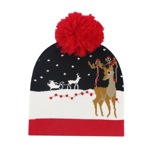 Bonnet en Tricot de Noël pour Hommes Femmes Hiver Chaud Bonnet Jacquard en Acrylique Avec Pompon Bonhomme de Neige Renne Flocon