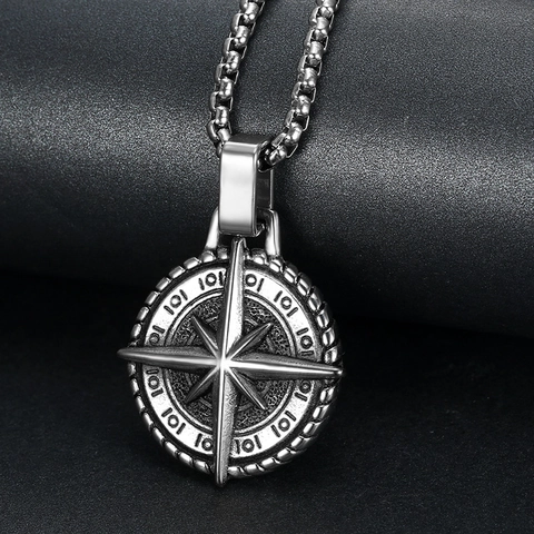 Collar Con Colgante De Brújula Retro Acero Inoxidable Vintage Navegador Estrella Medallón Joyería Punk Para Hombres