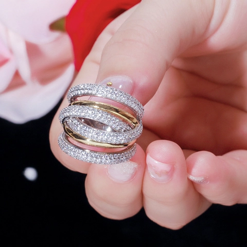 Gevlochten Meerlaagse Ring Koper Goud Zilver Verguld Micro-pavé AAA Zirconia Luxe Kruisontwerp Vrouwen
