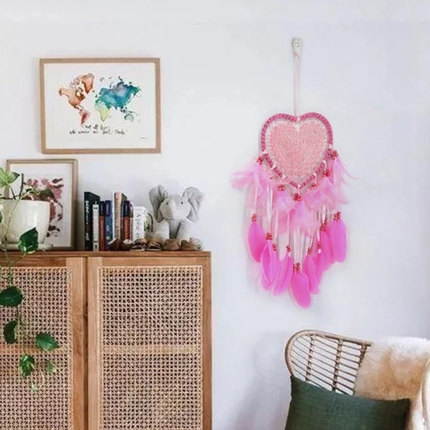 Handgefertigter Herzförmiger Traumfänger Mit Federn Spitze Blume Wandbehang Dekor Für Schlafzimmer Zuhause Büro Bohemian Ornament