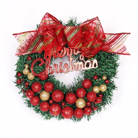 Ghirlanda Di Natale Con Palline Glitterate Aghi Di Pino Grande Fiocco E Segno Merry Christmas Decorazione Parete Porta