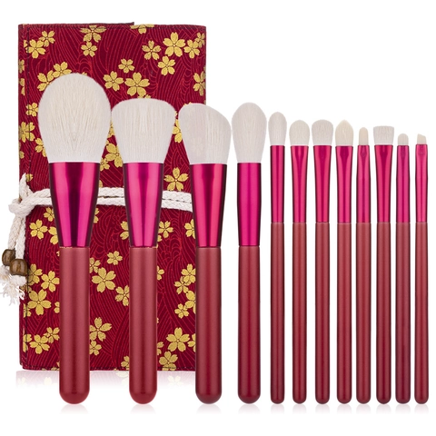 Professionele Make-up Borstels Houten Handvat Synthetische Vezel Aluminium Huls Chinese Stijl Rode Borduurzak Beauty Tool