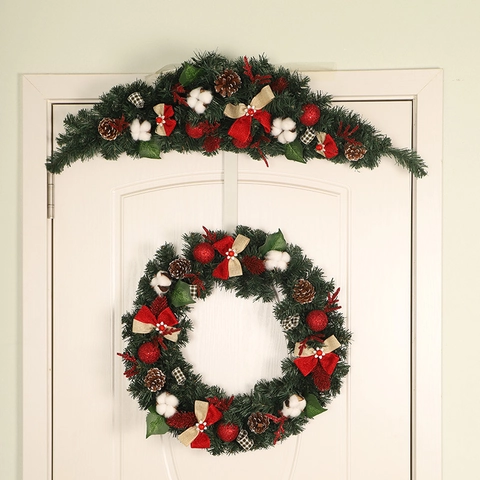 Christmas Teardrop Swag Artificial Pine Branches With Pinecones Red Berries Cotton Balls Bow Knot Door Wall Hanging Rustic