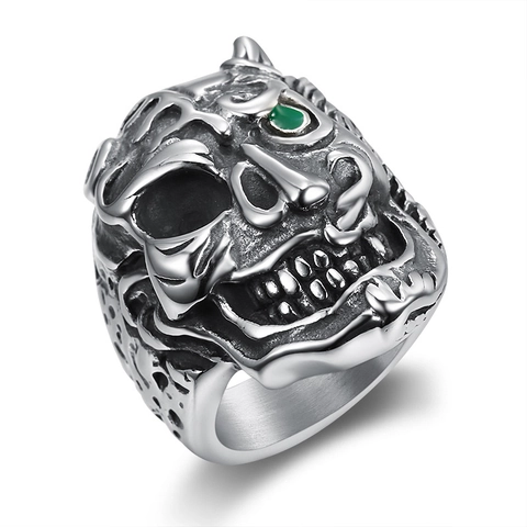 Roestvrij Stalen Schedel Ring Retro Punk Gothic Heren Sieraden Met Groene Strass Ogen