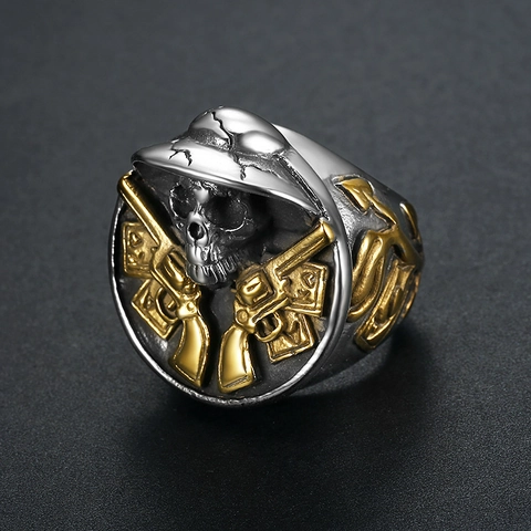 Skull Ring Dual Revolver Guns Playing Cards Stainless Steel Gothic Punk Rocker Biker Jewelry Gift For Men
