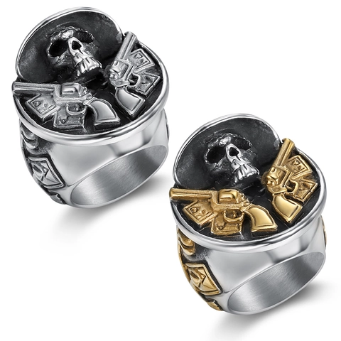 Skull Ring Dual Revolver Guns Playing Cards Stainless Steel Gothic Punk Rocker Biker Jewelry Gift For Men