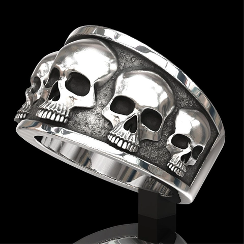 Anello Teschio Uomo Lega Retro Argento Punk Gotico Largo Rilievo Gioielli Biker Scuro Hip Hop Rock Moda Anello