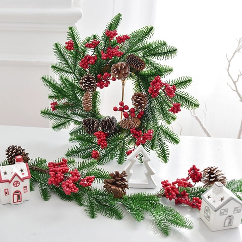 Corona Di Natale Artificiale Aghi Di Pino Innevati Bacche Rosse Pigne Naturali Decorazione Da Parete Per Porta D'ingresso