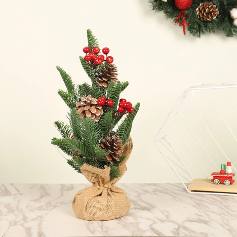 Mini Albero Di Natale Artificiale Decorazione Da Tavolo Con Bacche Rosse Pigne Base In Iuta Verde Stile Rurale