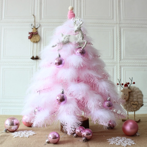 Mini Rosa Weihnachtsbaum Tischdeko Mit Feder Kugeln Led Lichter Holzbasis Künstliches Kleines Festliches Ornament