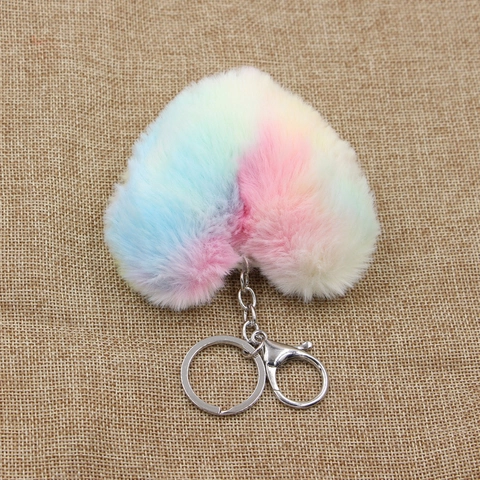 Porte-clés en Peluche Souple en Forme de Coeur Dégradé Pendentif de Sac en Fausse Fourrure Anneau de Coeur en Polyester