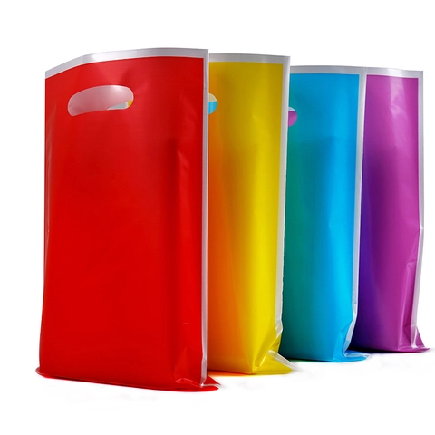 Plastic Gift Bags Pearlescent Solid Color Die Cut Handle Glossy For Birthday Party Wedding Candy Treats Packaging