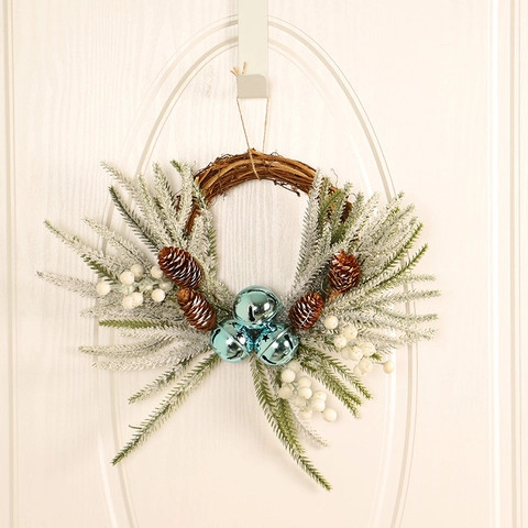 Christmas Wreath Artificial Pine Needle Rattan Ring With Pinecones Berries Bells For Front Door Wall Holiday Home Decor