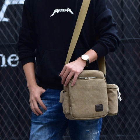 Sac À Bandoulière En Toile Pour Hommes Avec Porte Bouteille Multi Poches Sac Messager Style Décontracté Travail Voyage