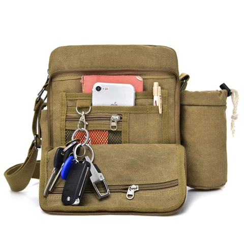 Sac À Bandoulière En Toile Pour Hommes Avec Porte Bouteille Multi Poches Sac Messager Style Décontracté Travail Voyage