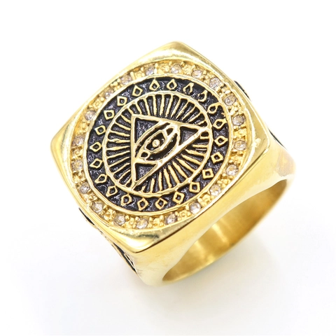 Masonic Signet Ring Stainless Steel All Seeing Eye Rhinestone Vintage Retro Punk Jewelry For Men