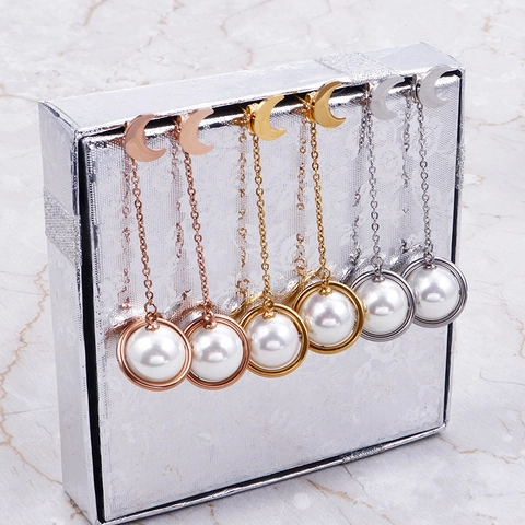 Pendientes Colgantes Luna Creciente Acero Inoxidable Perla Artificial Concha Cadena Larga Borla Joyería Planeta Para Mujer