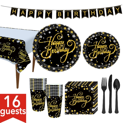 Vajilla De Fiesta De Cumpleaños Decoraciones Pancarta Platos Vasos Servilletas Mantel Desechable Tema Negro Oro Rosa Celebración