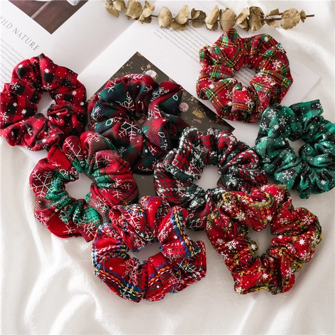 Weihnachten Haargummis Stoff Karo Schneeflocken Muster Elastische Haarbänder Winter Urlaub Accessoires Für Damen Mädchen
