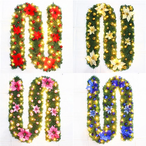 Weihnachtsguirlande Künstliche Kiefer Rebe Mit Weihnachtsstern Blumen Deko Kugeln LED Lichter Für Fenster Tür Treppe Deko