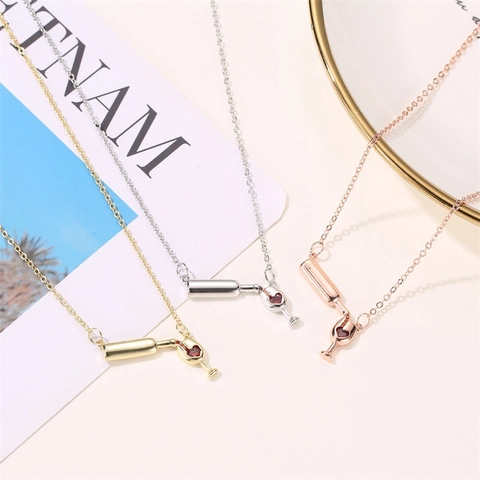 Collier Pendentif Bouteille De Vin Versant Verre Zircon Cœur Rouge Bijoux En Cuivre Pour Femmes Cadeaux De Fête Élégant