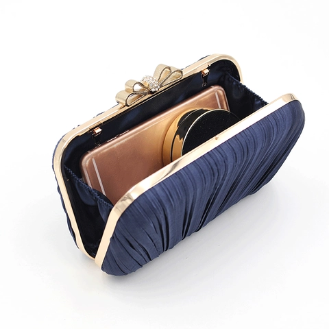 Pleated Satin Evening Clutch Bag With Rhinestone Bow Buckle Elegant Wedding Party Purse For Women