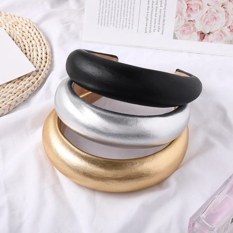 Wide Padded Headband PU Leather Sponge Filled Solid Color Metallic Retro Hair Hoop For Women Girls
