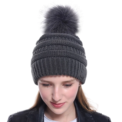 Gorro De Punto De Invierno Para Mujer Con Pompon Grande De Piel Sintetica Punto Grueso Calido Gorro Con Dobladillo