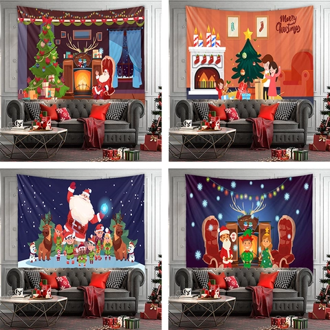 Arazzo Di Natale Poliestere Appeso A Parete Cartone Animato Babbo Natale Renna Stampato Sfondo Decorazione Festiva