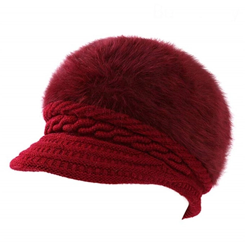 Gorro con Visera de Punto de Mezcla de Pelo de Conejo de Estilo Coreano para Mujer Doble Capa Forro Polar Invierno