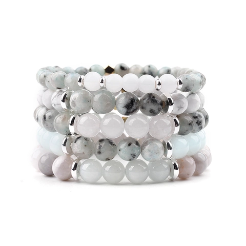 Natur Amazonit Stein Perlen Armband Für Damen Böhmisch Mehrlagig Elastisches Armband Set Stapelbare Steinperlen Schmuck