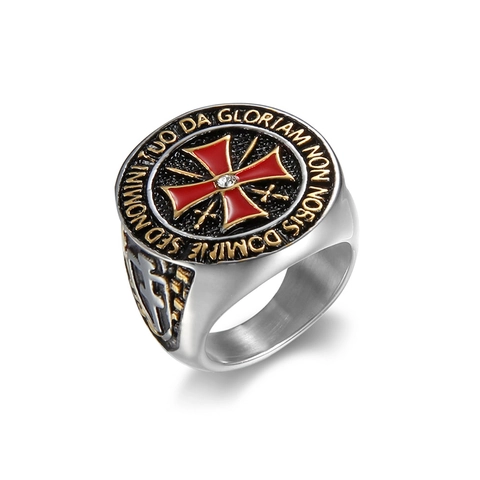Anillo Sigillo Croce Templare Acciaio Inossidabile Smalto Rosso Iscritto Vintage Biker Per Uomo